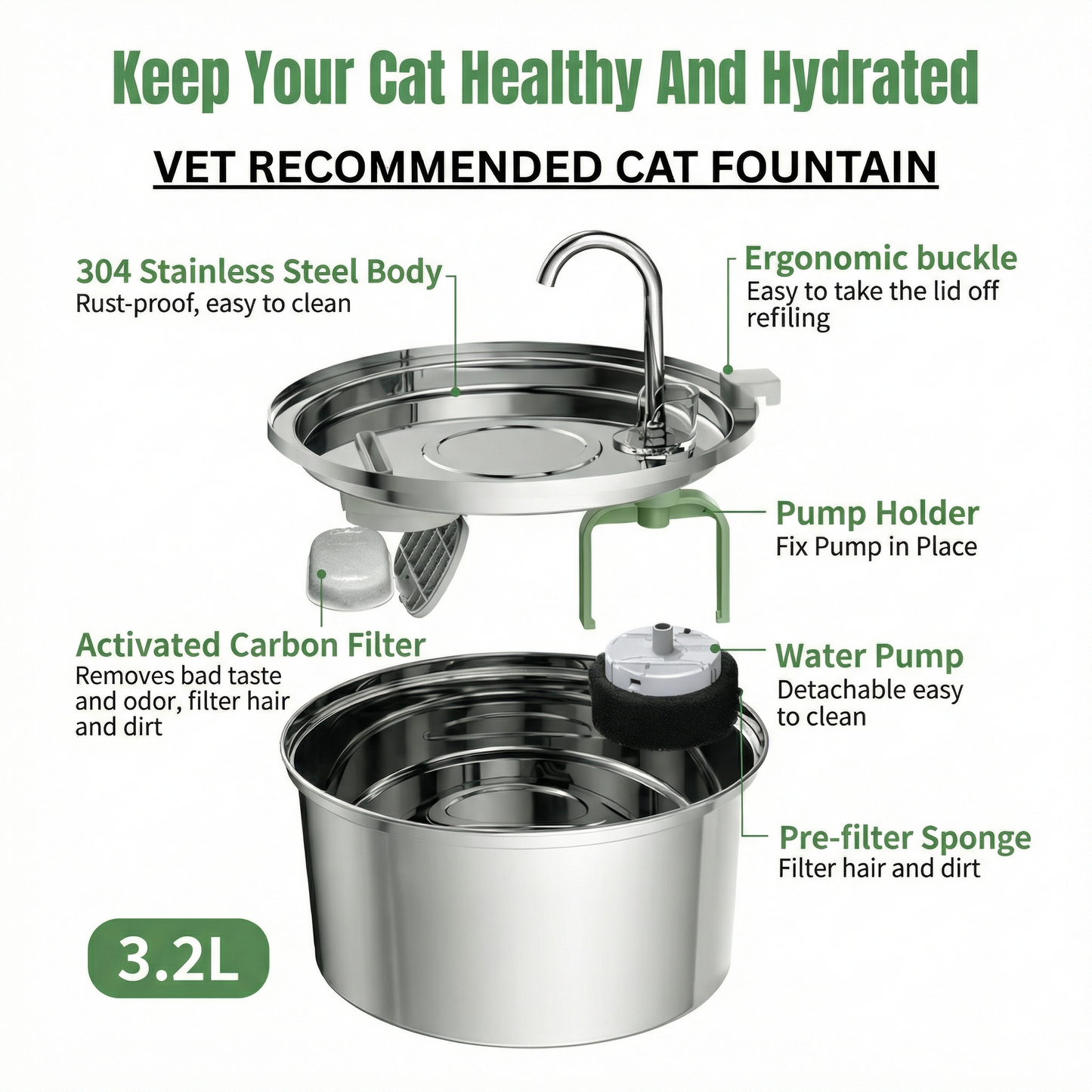 HydroFlow Cat Fountain - 3.2L Stainless Steel, Ultra-Quiet